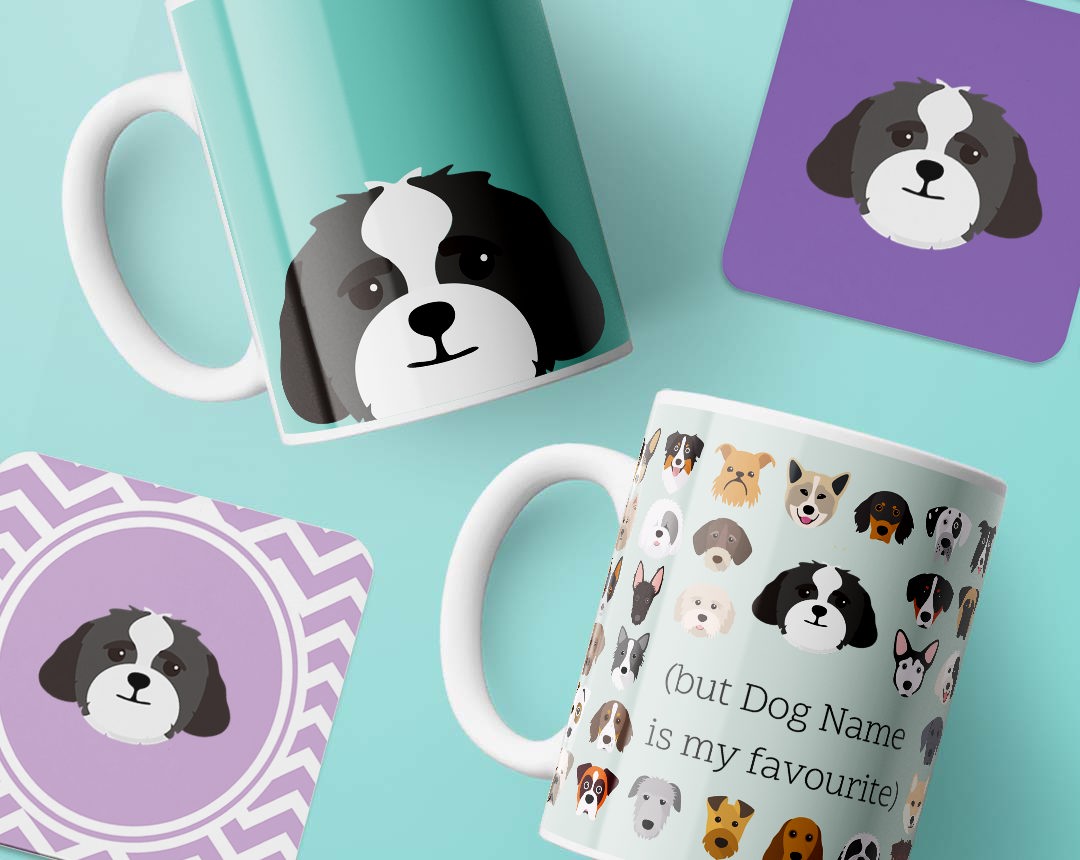 Mugs and costers personalised with your dog's name and breed icon