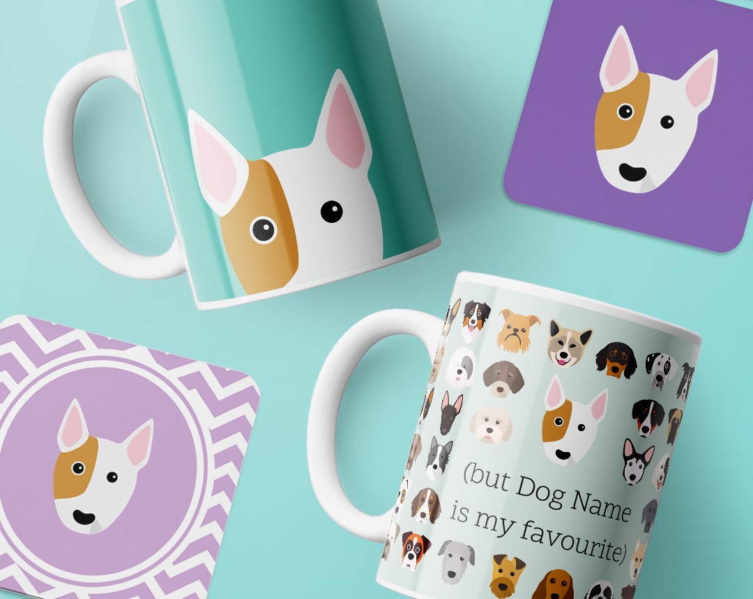 Mugs and costers personalised with your dog's name and breed icon