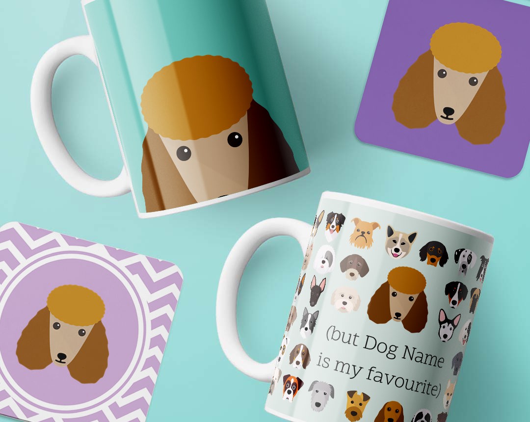 Mugs and costers personalised with your dog's name and breed icon