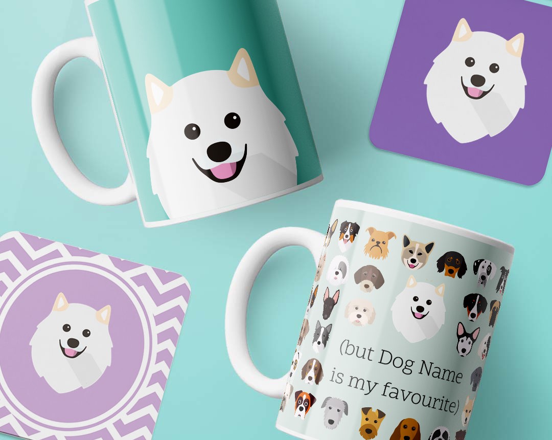 Mugs and costers personalised with your dog's name and breed icon