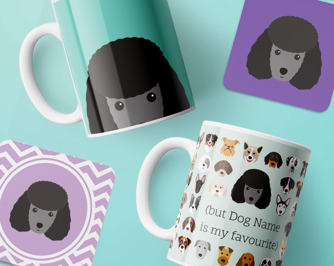 Mugs and costers personalised with your dog's name and breed icon