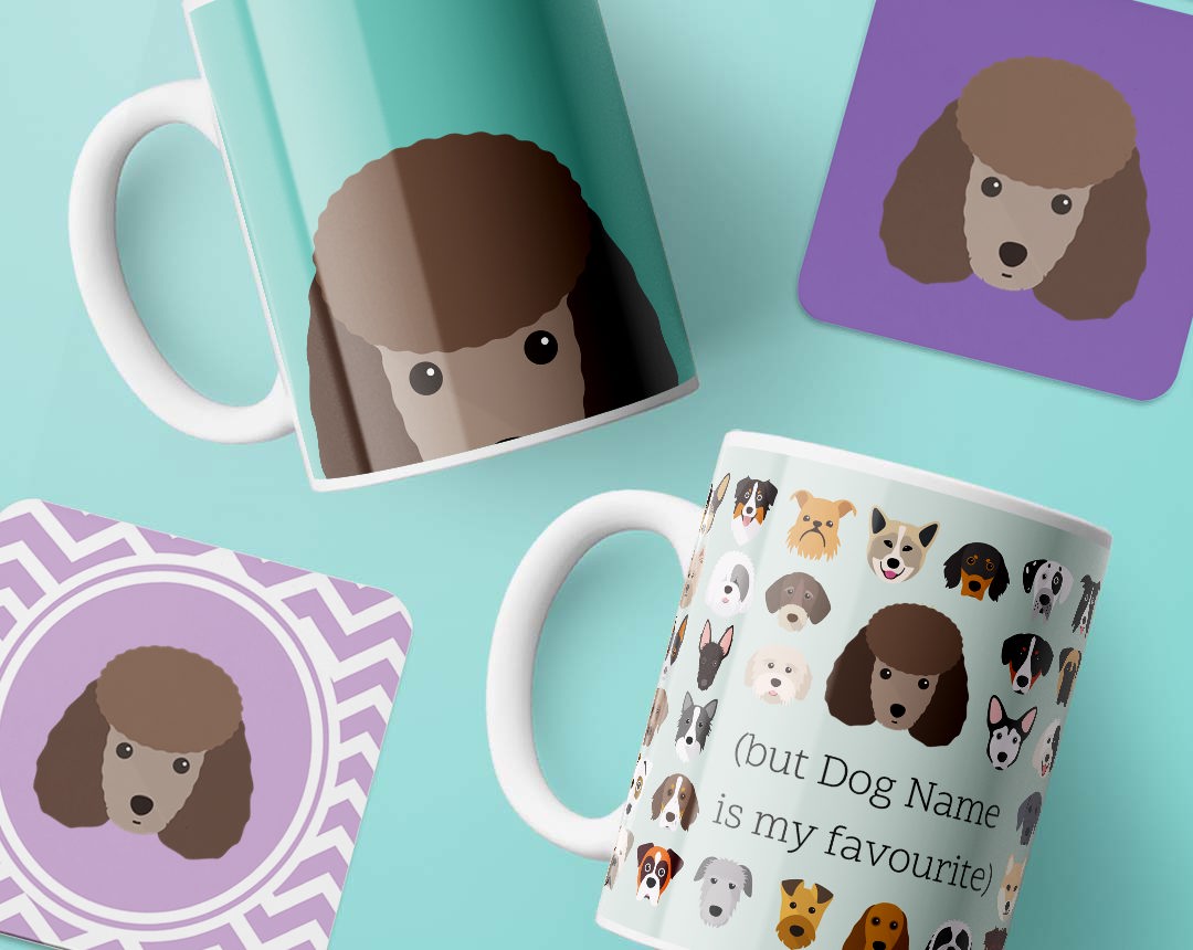 Mugs and costers personalised with your dog's name and breed icon