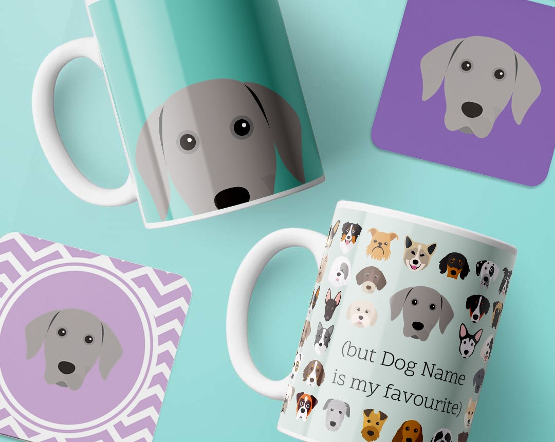 Mugs and costers personalised with your dog's name and breed icon