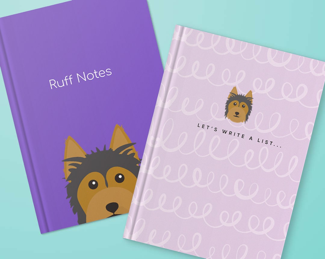 Two personalised notebooks featuring designs with your dog