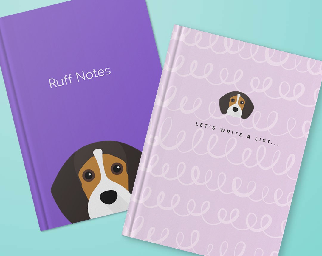 Two personalised notebooks featuring designs with your dog