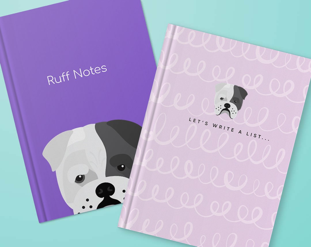 Two personalised notebooks featuring designs with your dog