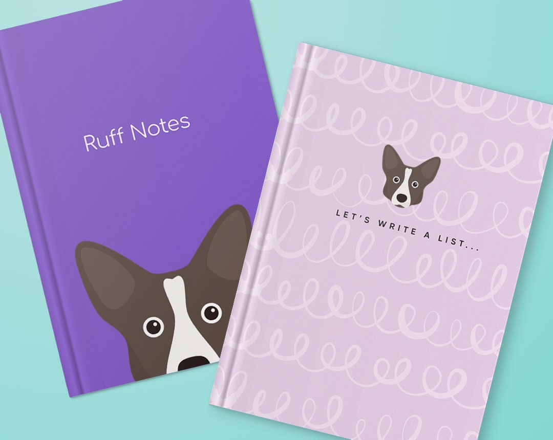 Two personalised notebooks featuring designs with your dog