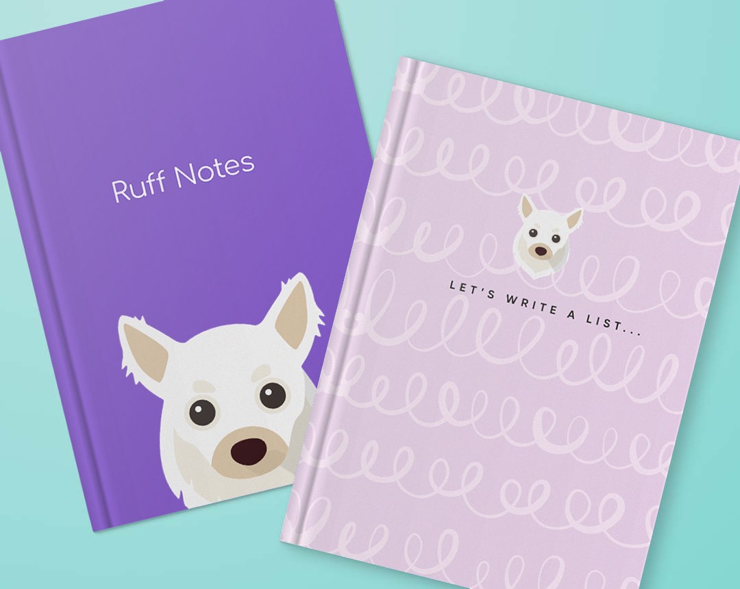 Two personalised notebooks featuring designs with your dog