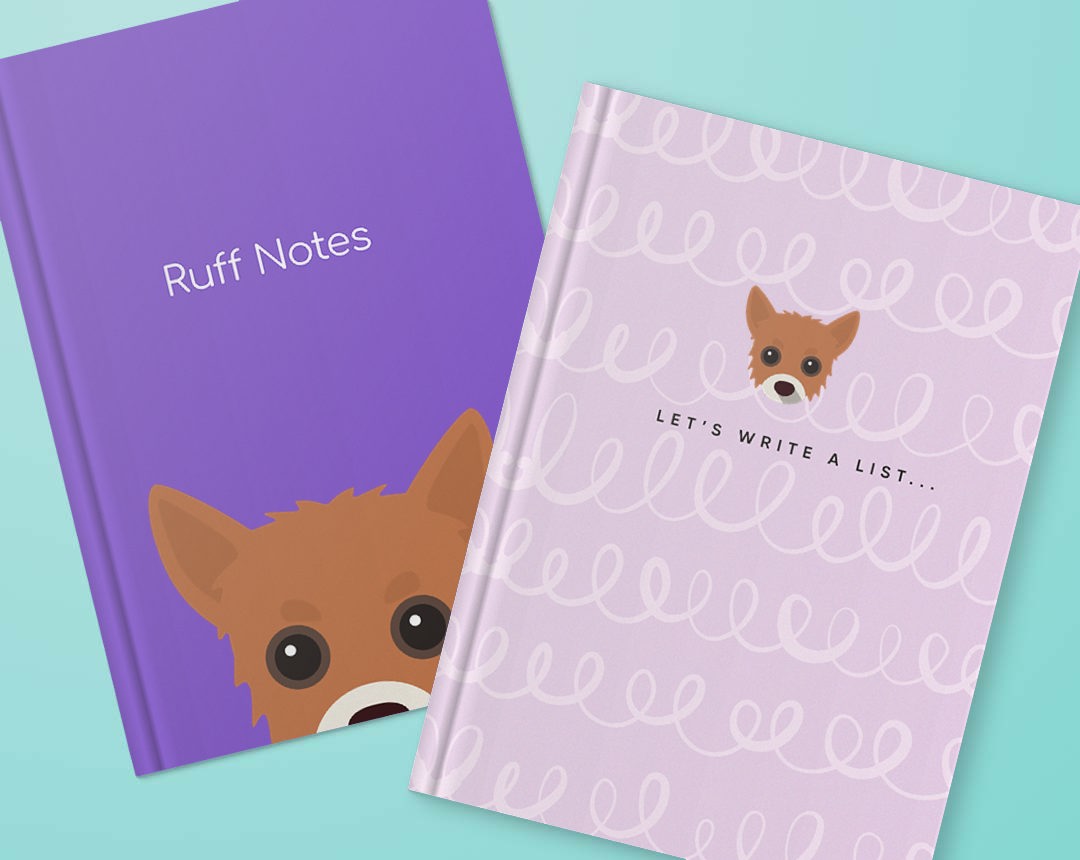 Two personalised notebooks featuring designs with your dog