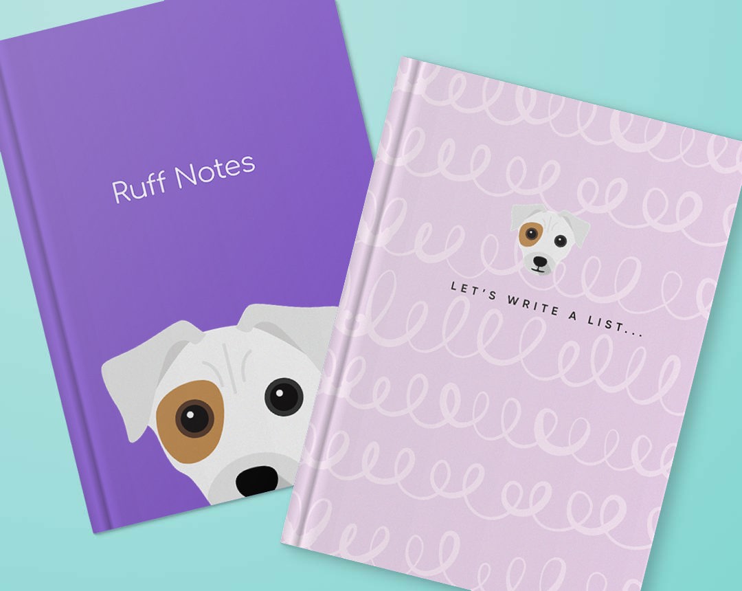 Two personalised notebooks featuring designs with your dog