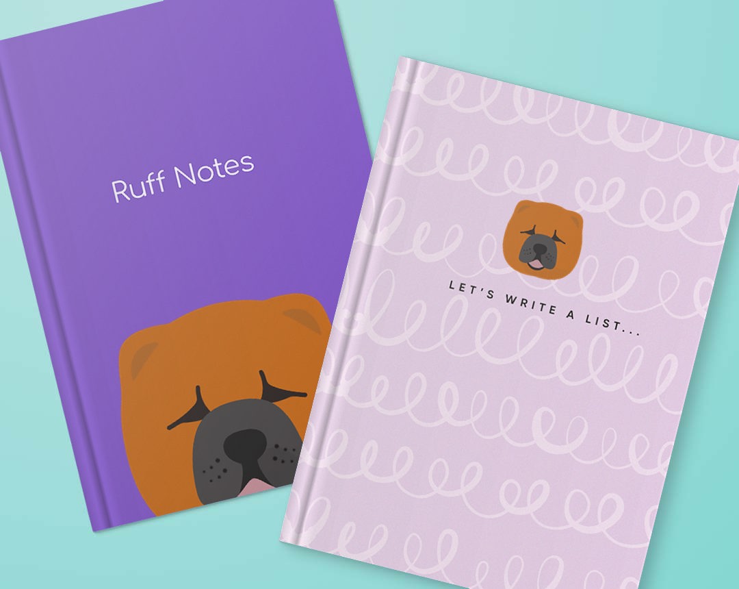 Two personalised notebooks featuring designs with your dog