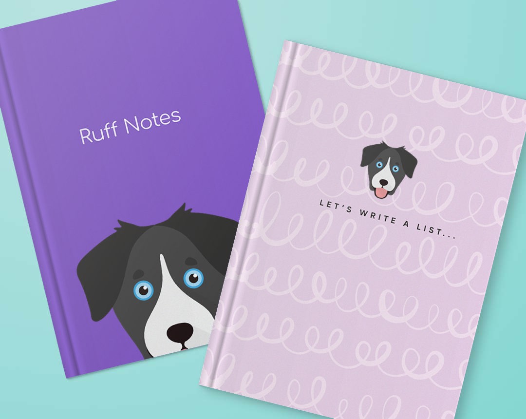 Two personalised notebooks featuring designs with your dog