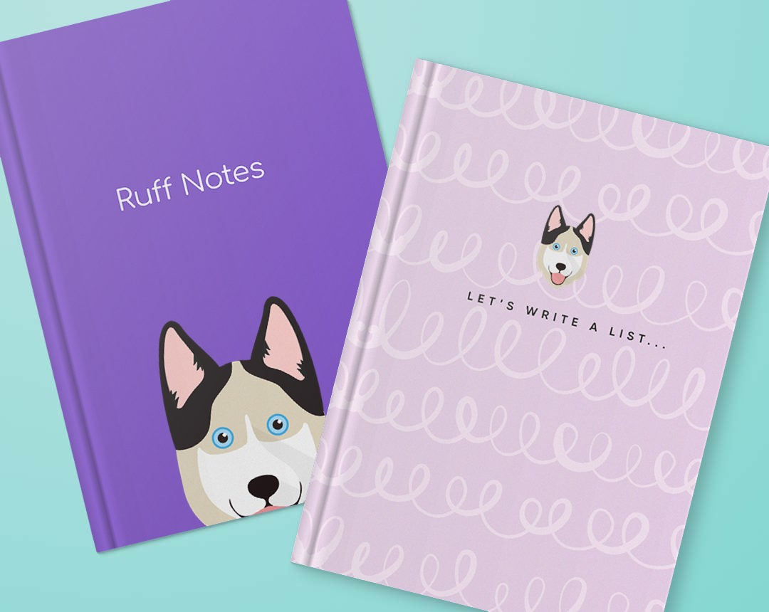 Two personalised notebooks featuring designs with your dog