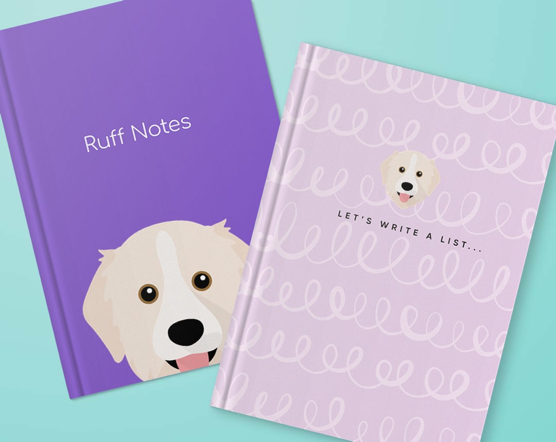 Two personalised notebooks featuring designs with your dog