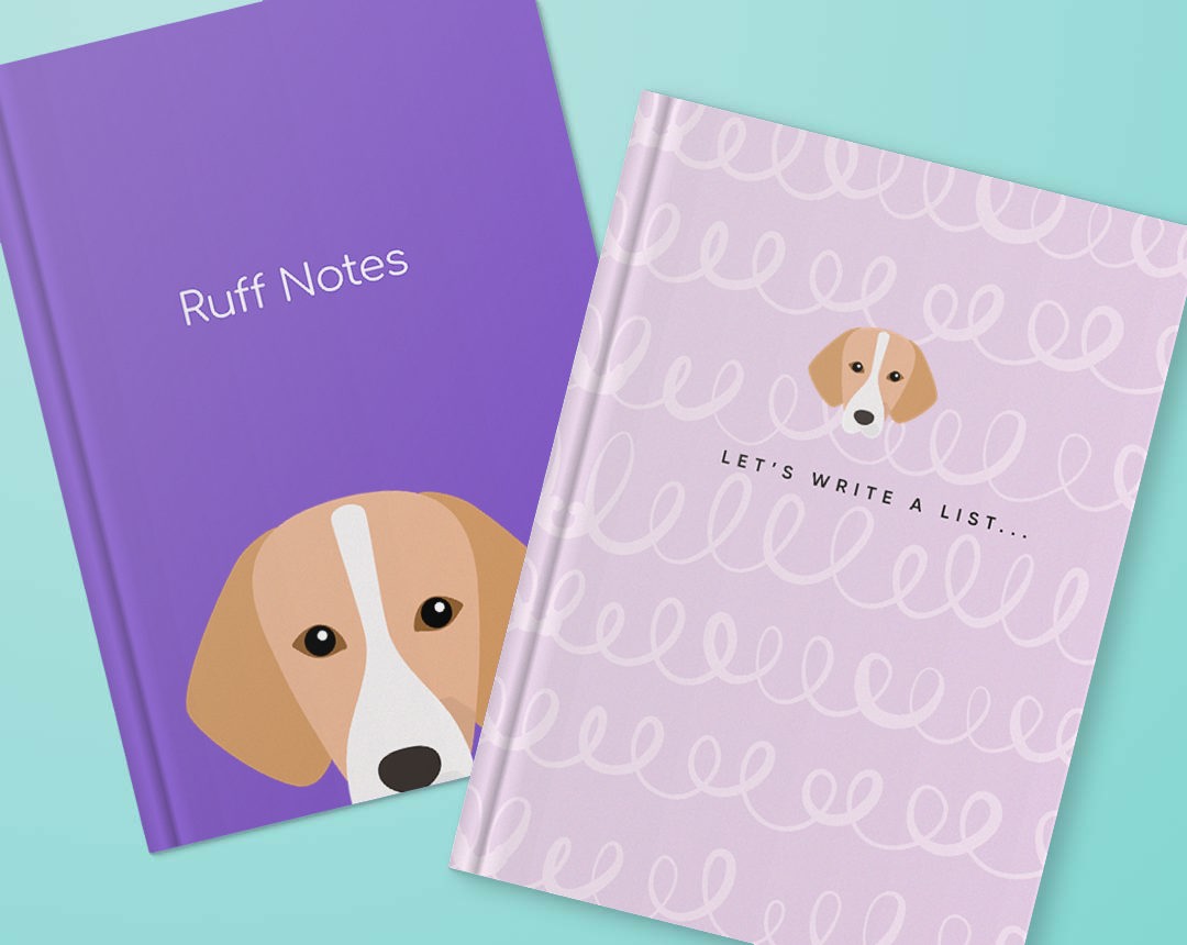 Two personalised notebooks featuring designs with your dog