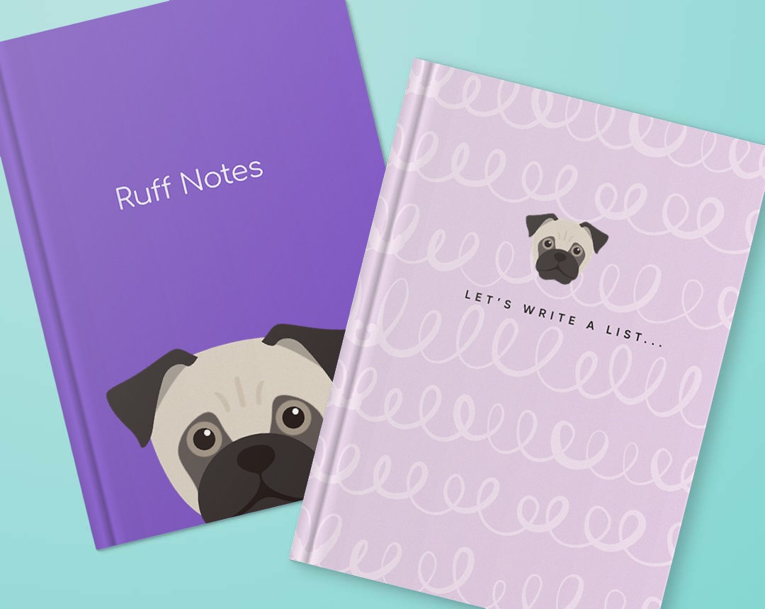 Two personalised notebooks featuring designs with your dog