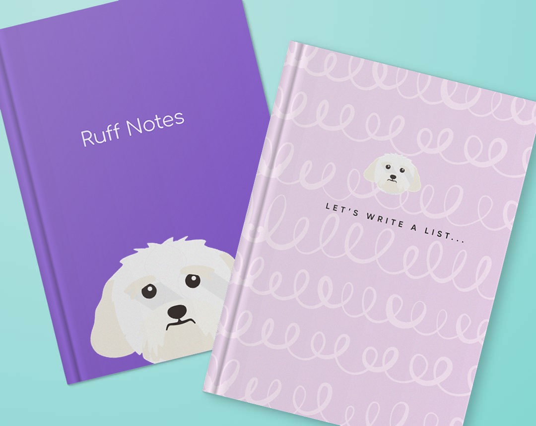 Two personalised notebooks featuring designs with your dog