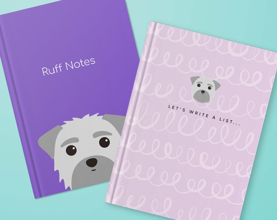 Two personalised notebooks featuring designs with your dog