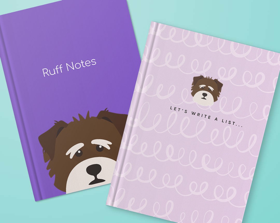 Two personalised notebooks featuring designs with your dog