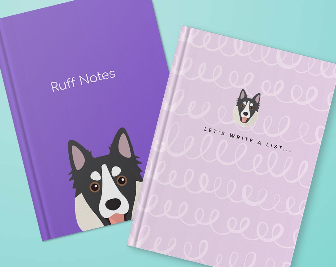 Two personalised notebooks featuring designs with your dog