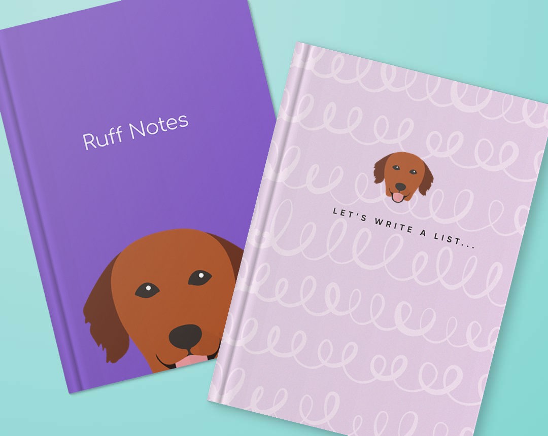 Two personalised notebooks featuring designs with your dog