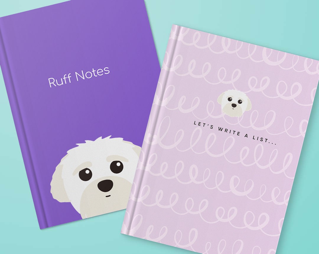 Two personalised notebooks featuring designs with your dog