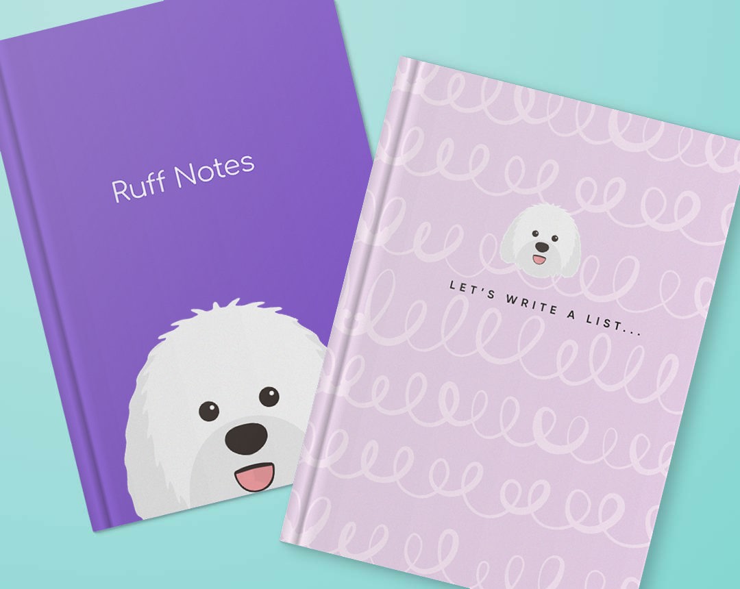 Two personalised notebooks featuring designs with your dog