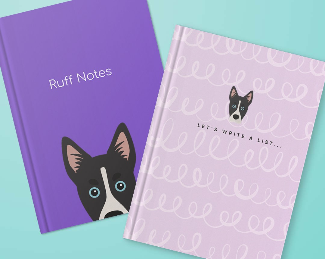 Two personalised notebooks featuring designs with your dog