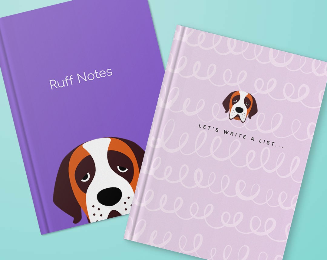 Two personalised notebooks featuring designs with your dog