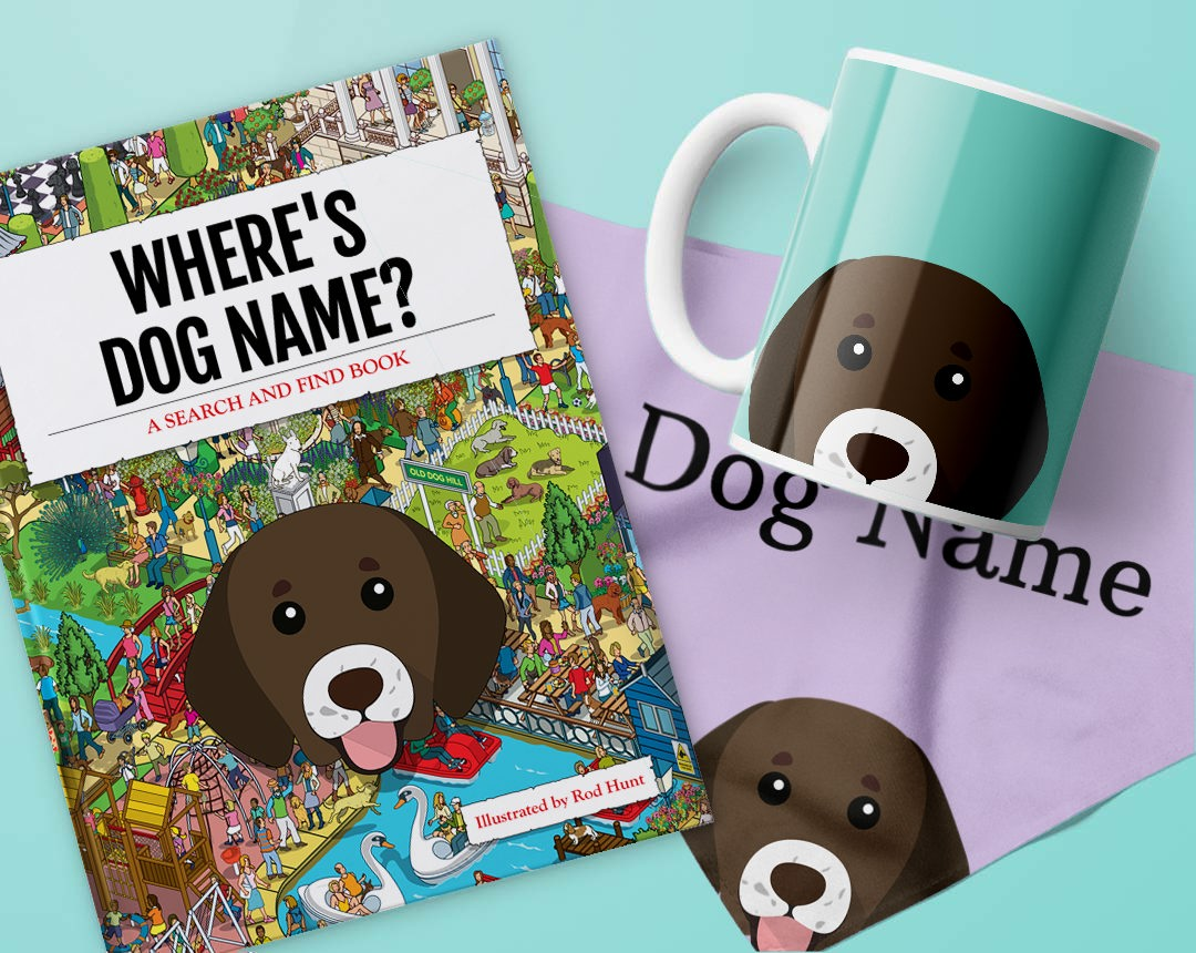 Book, Bandana and Mug personalised gifts with dog names & icon