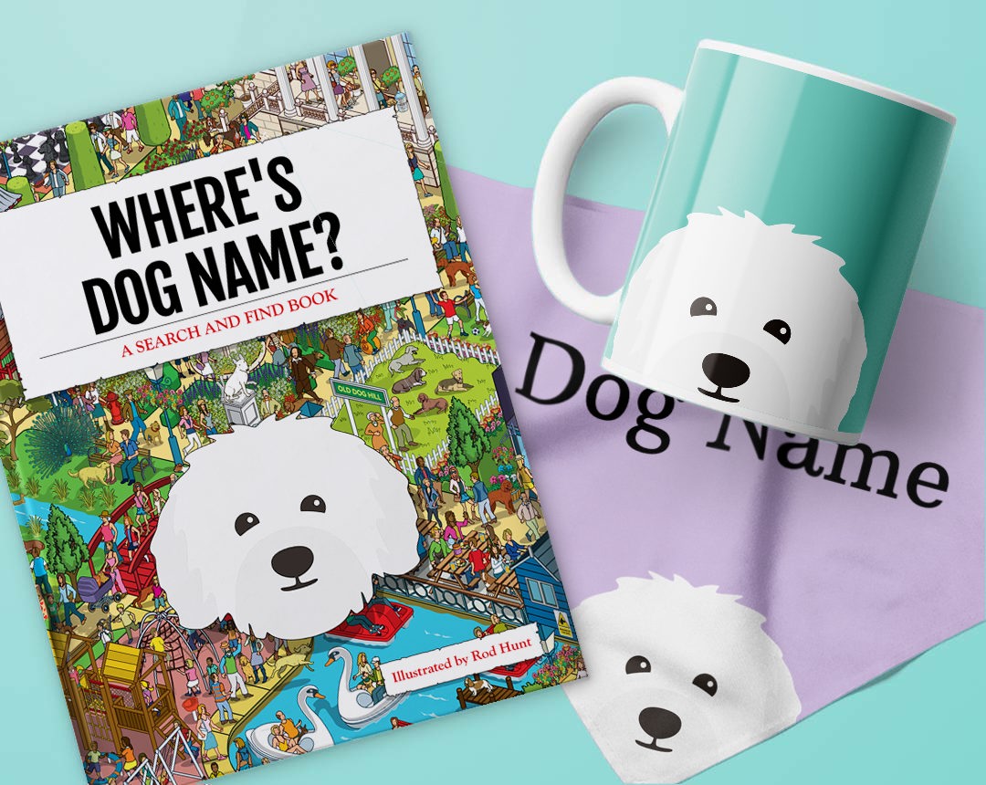 Book, mug and bandana personalised with your dog's name and icon