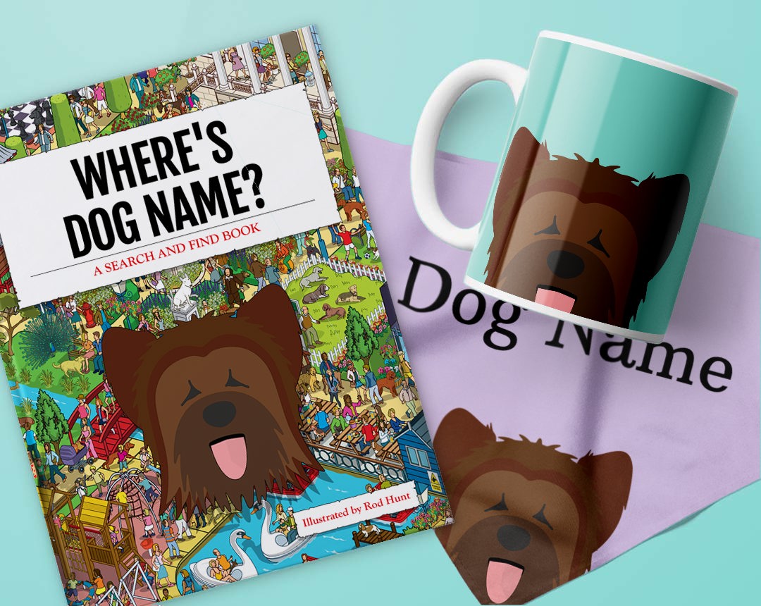 Book, bandana and mug personalised with your dog