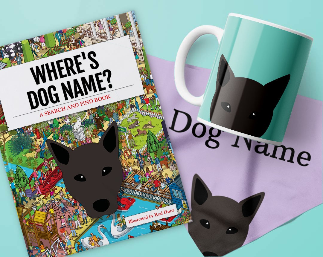 Book, mug and bandana personalised with your dog's name and icon