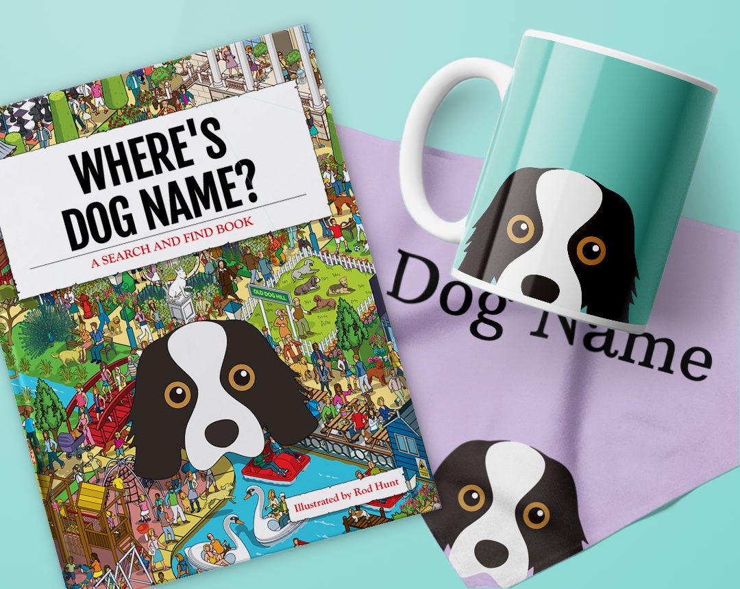 Book, mug and bandana personalised with your dog's name and icon