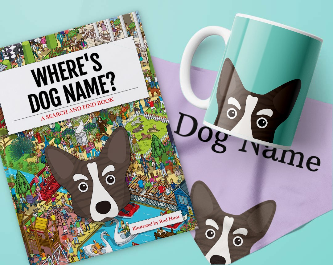 Book, mug and bandana personalised with your dog's name and icon