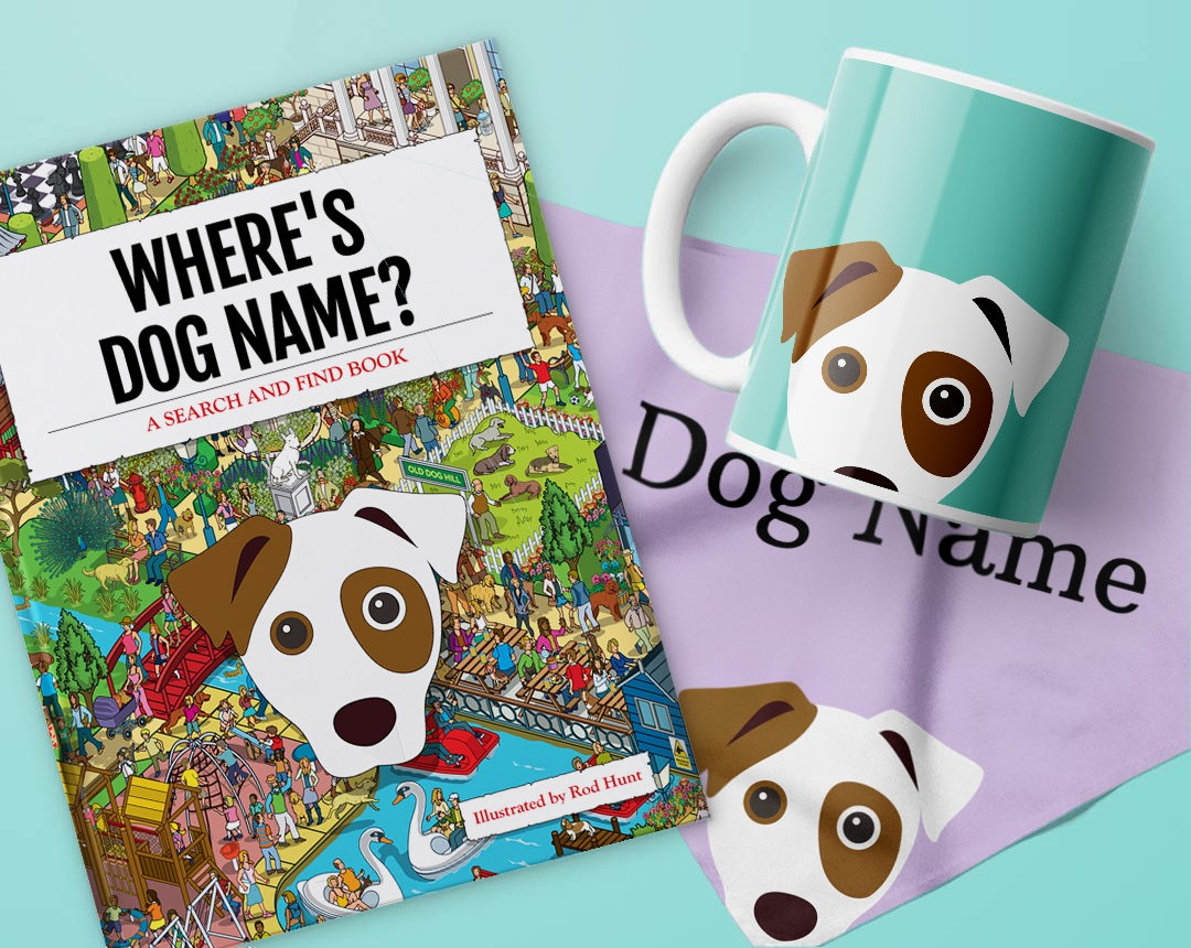 Book, bandana and mug customized with your dog's name and icon