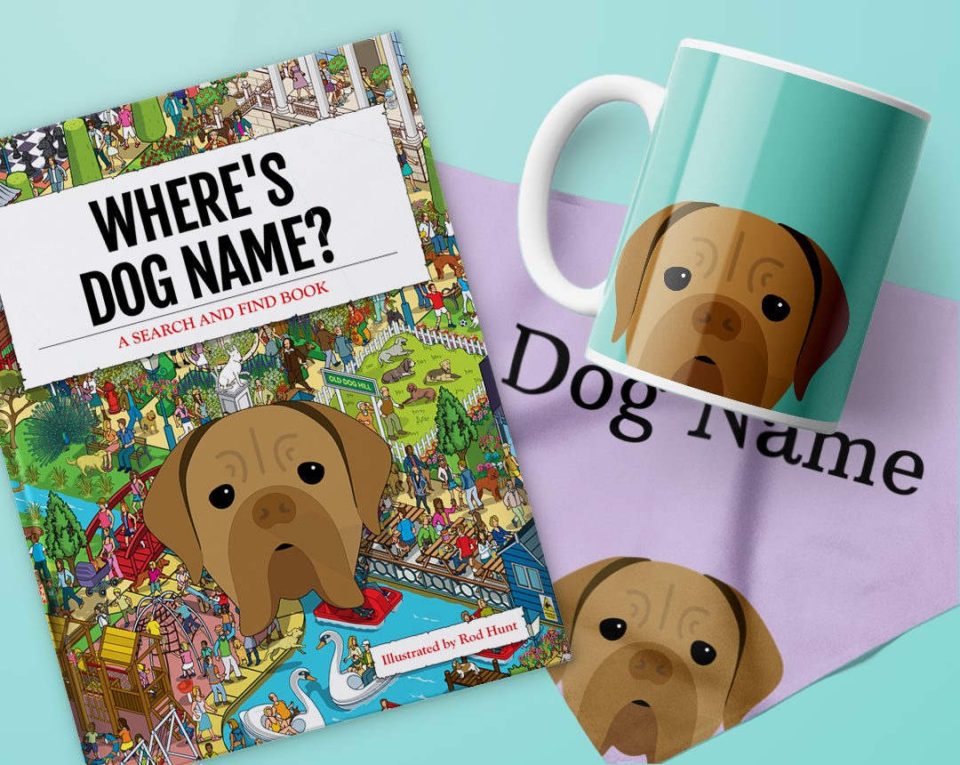 Book, bandana and mug personalised with your dog