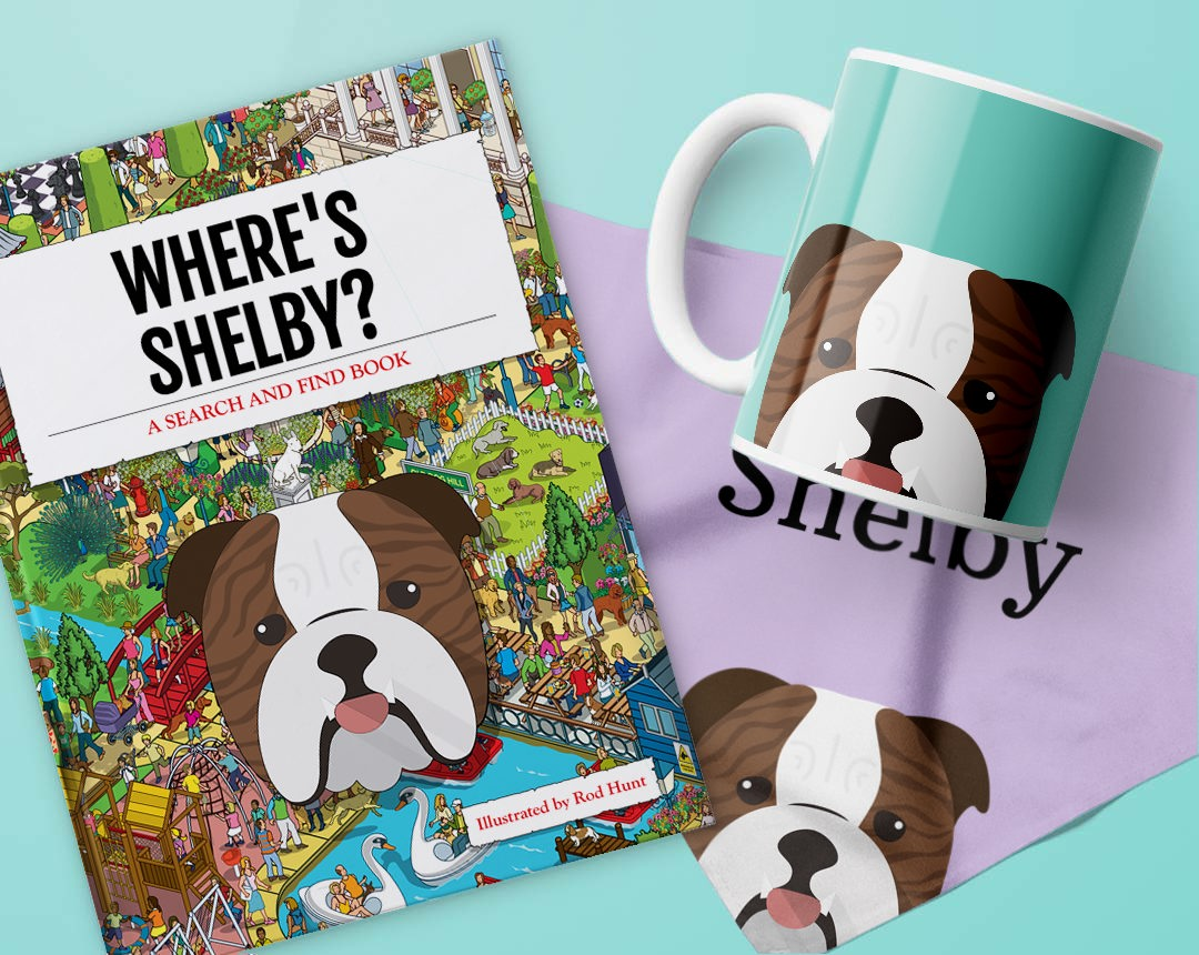 Book, bandana and mug customized with your dog's name and icon