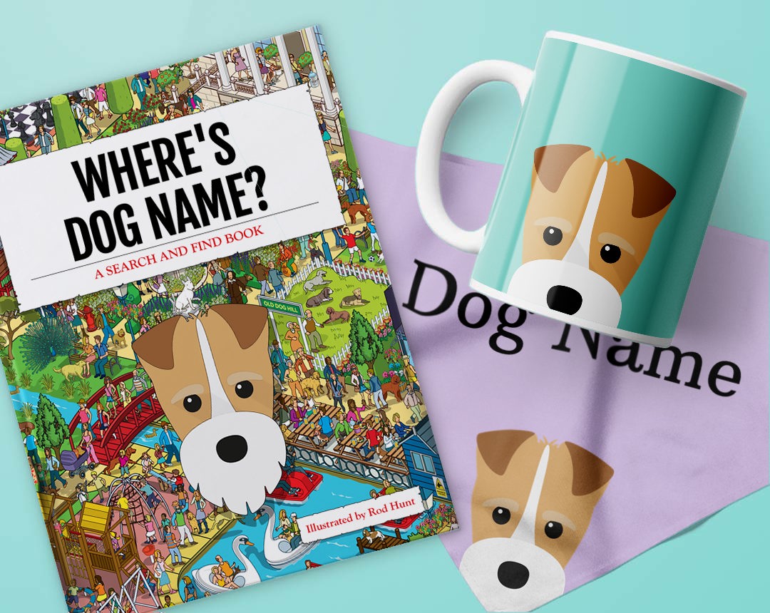 Book, bandana and mug personalised with your dog