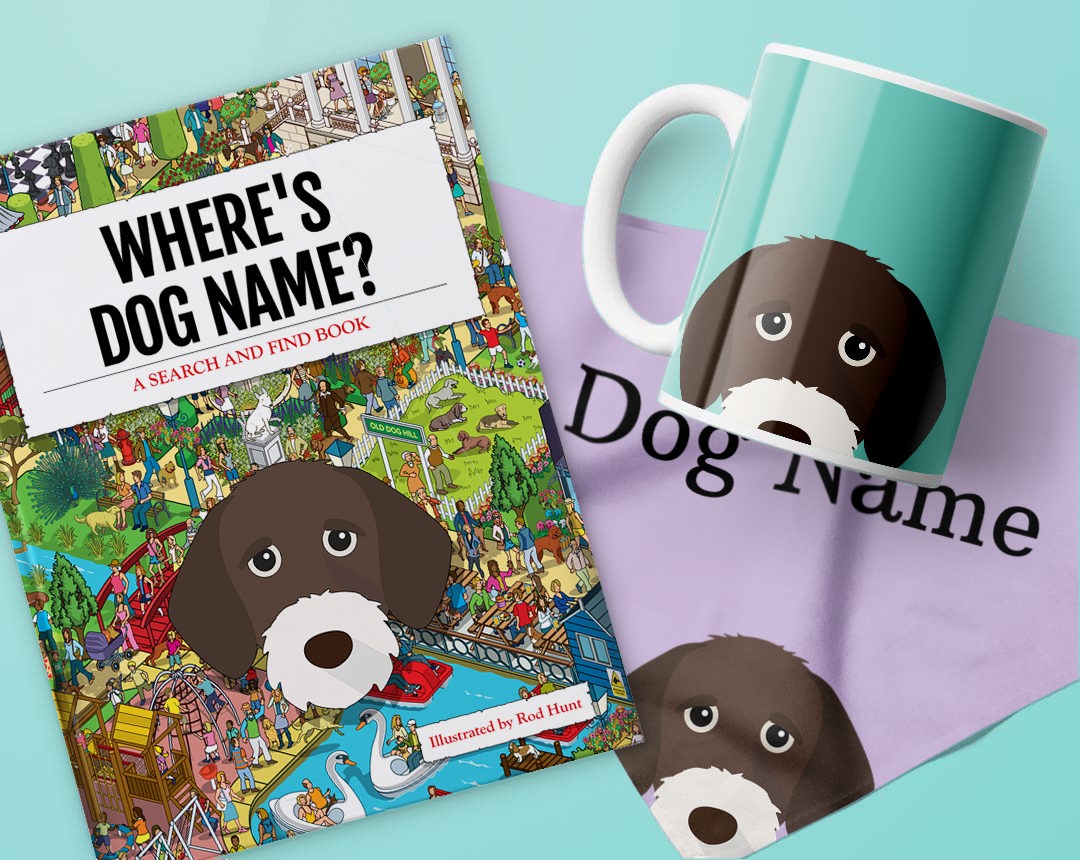 Book, mug and bandana personalised with your dog's name and icon