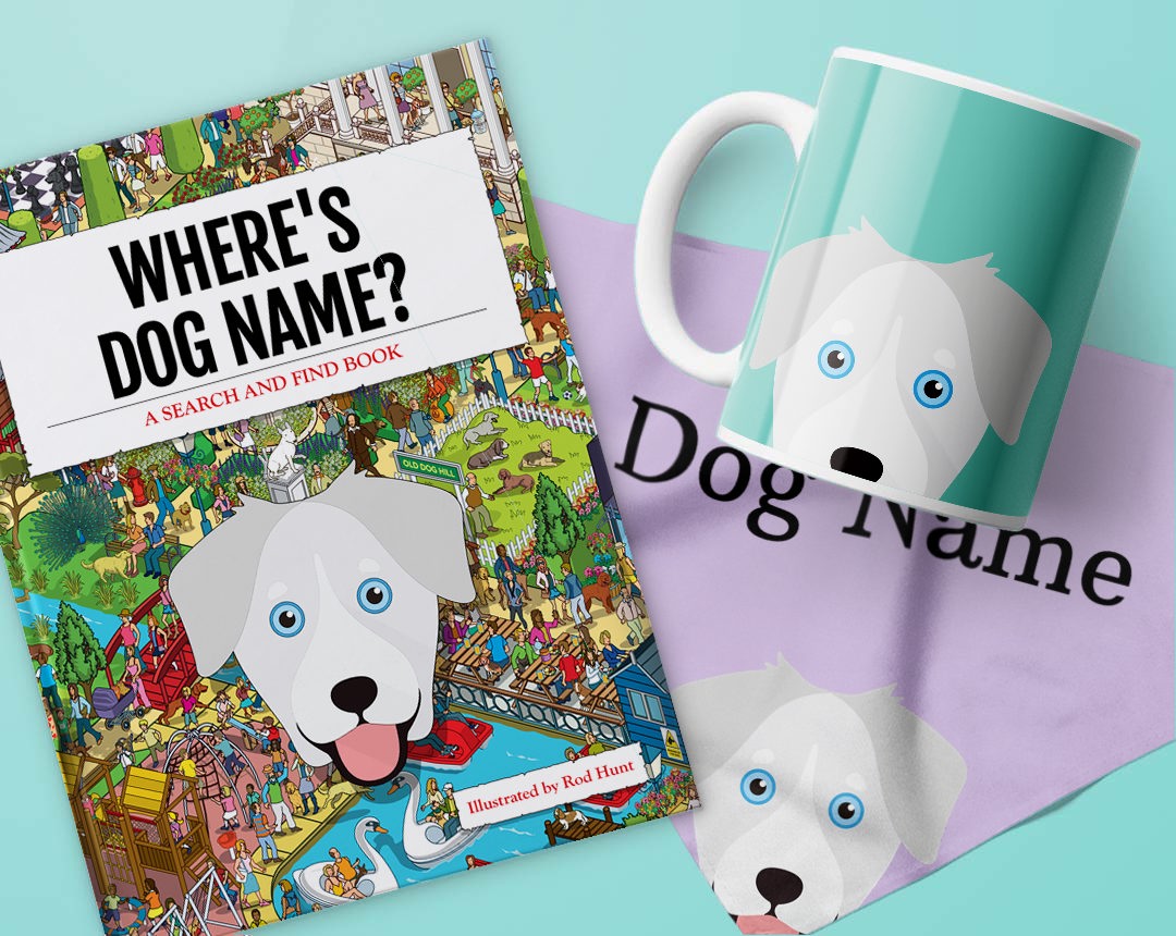 Book, mug and bandana personalised with your dog's name and icon