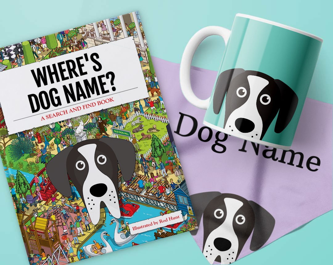 Book, bandana and mug featuring your dog