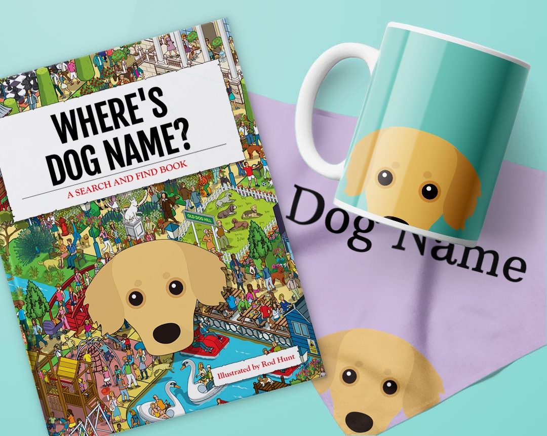 Book, bandana and mug personalised with your dog