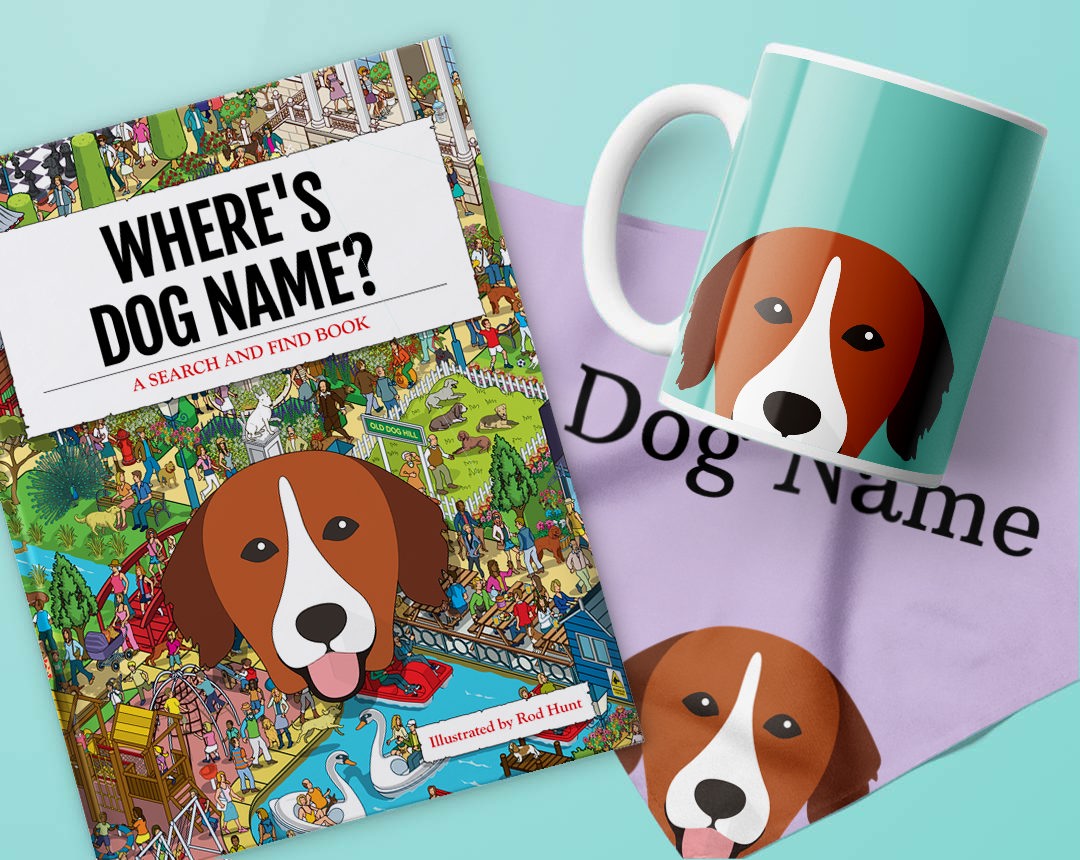 Book, bandana and mug personalised with your dog