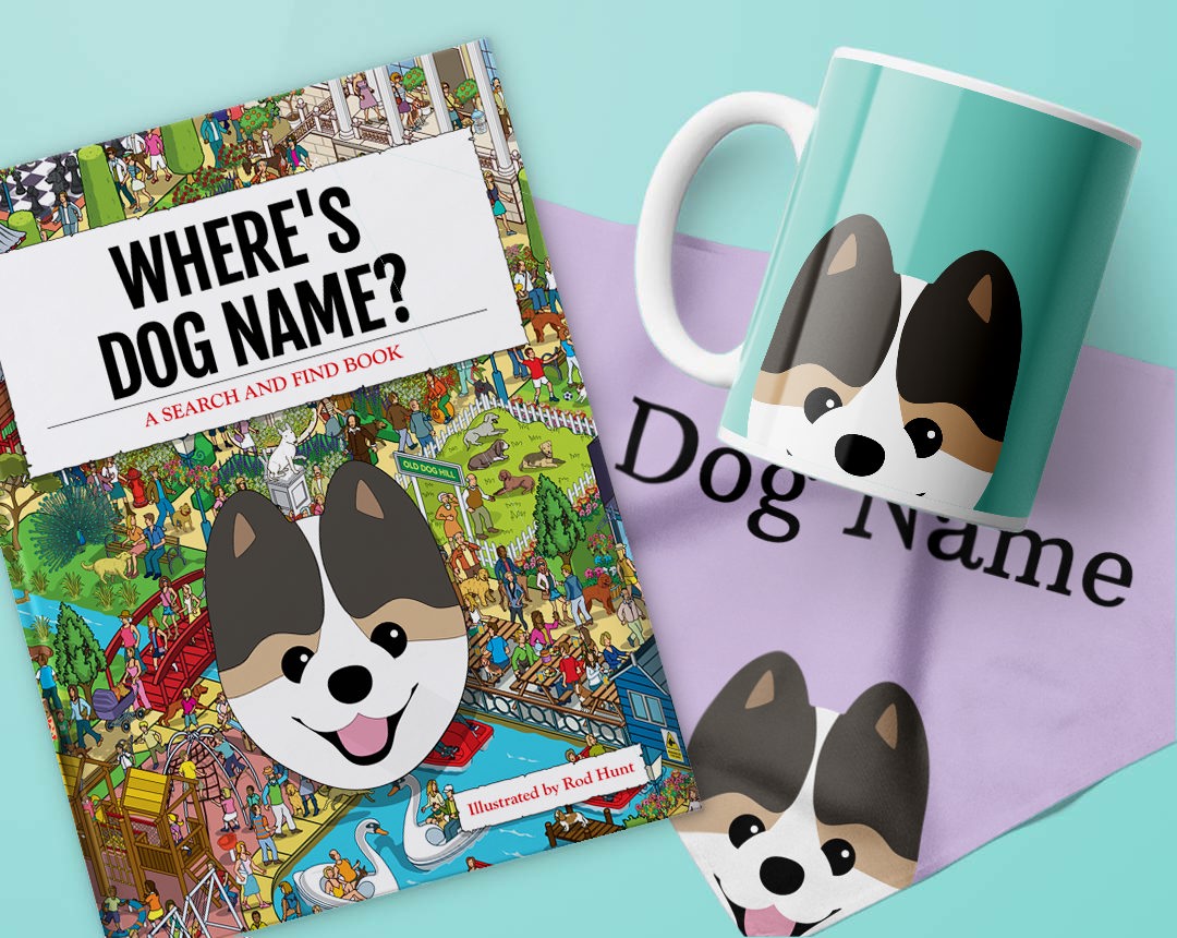 Book, mug and bandana personalised with your dog's name and icon