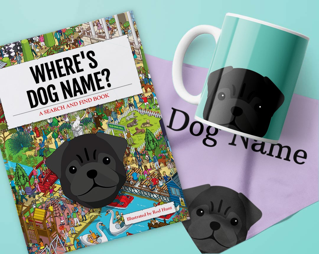Book, mug and bandana personalised with your dog's name and icon