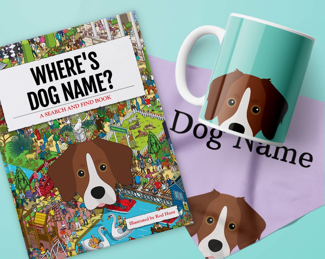 Book, bandana and mug personalised with your dog