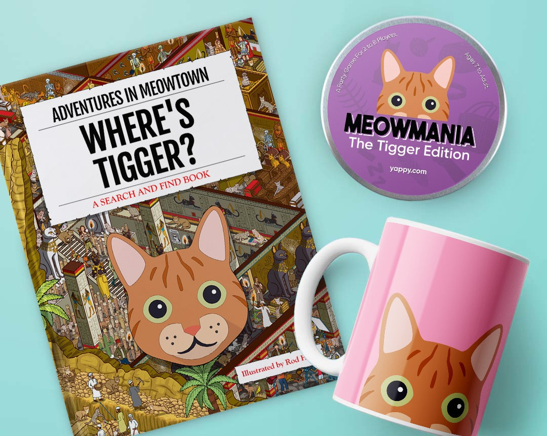Book, game and mug personalised with your Cat