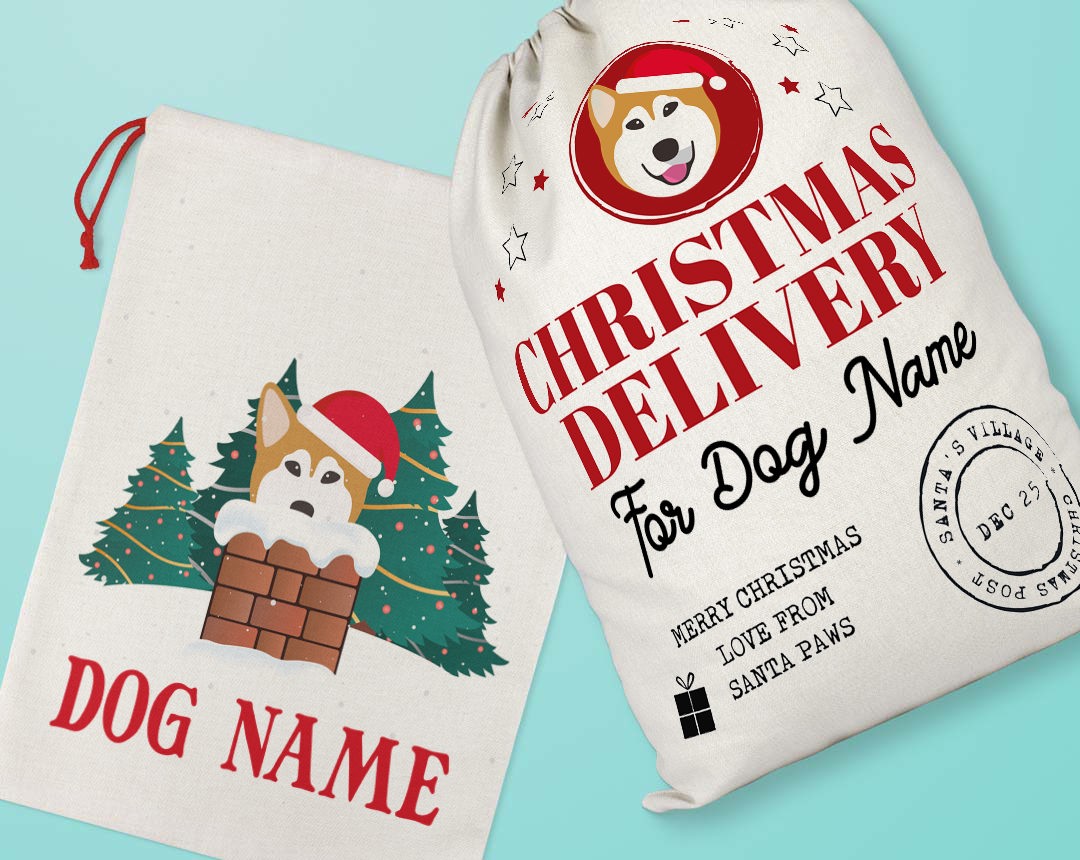 Two personalised santa sacks customised with your dog's name and icon