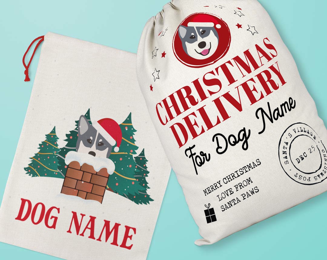 Two personalised santa sacks customised with your dog's name and icon